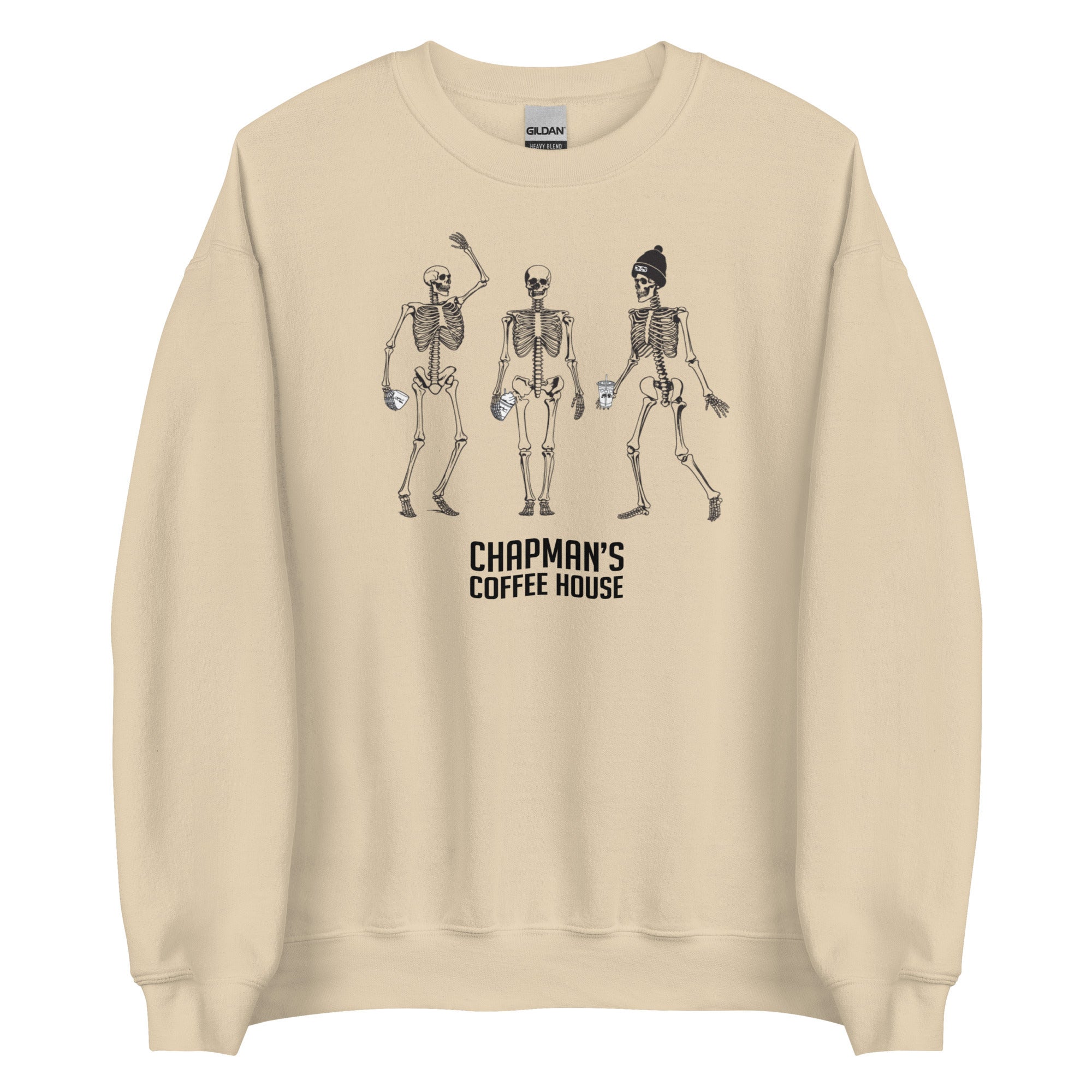 Skeleton drinking coffee crewneck fall sweatshirt